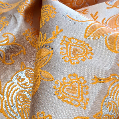 Metallic Brocade Fabric Tangerine Orange Finch Birds and Hearts Floral Pattern 57"w by the Yard DIY Sewing, dress making, home decor