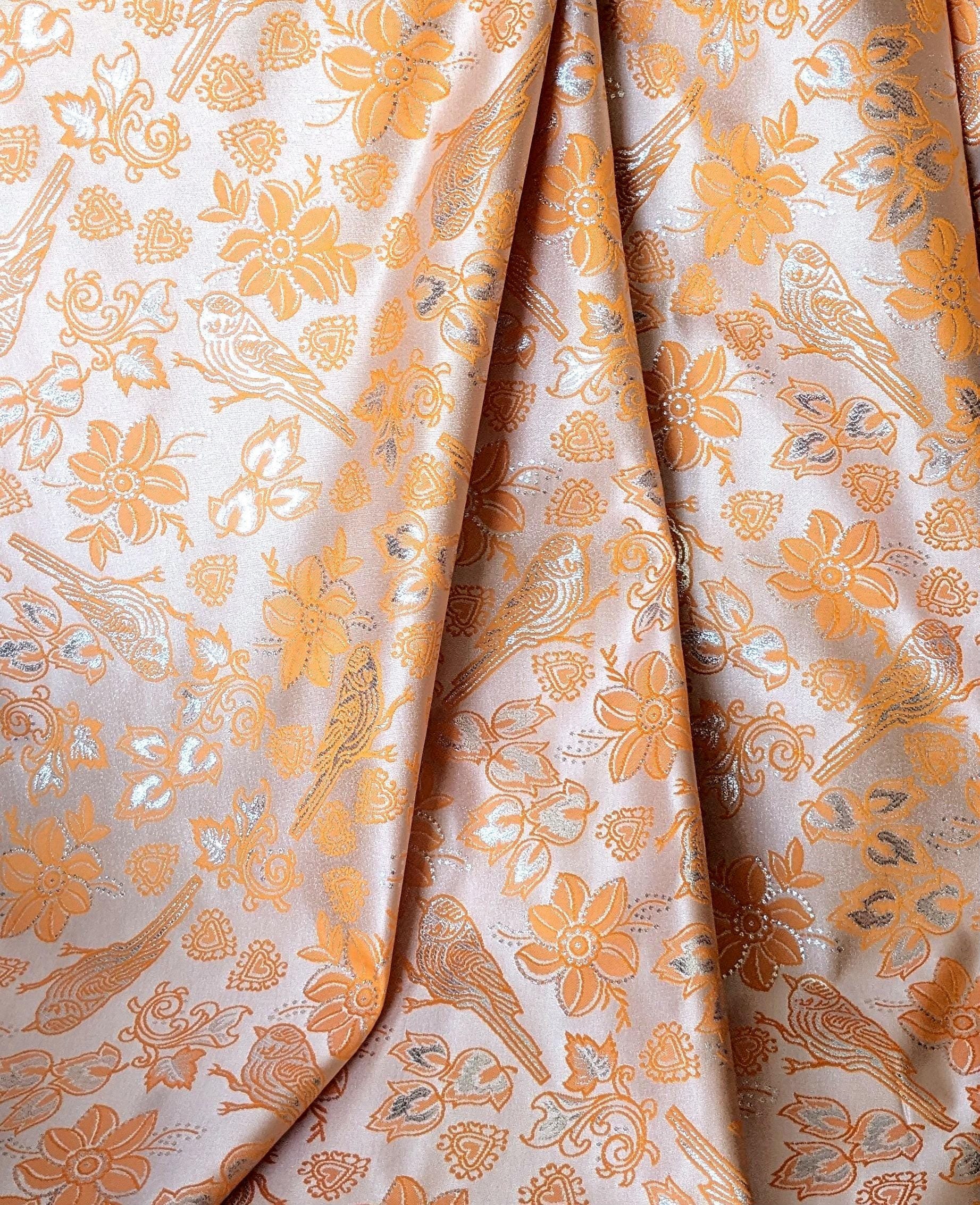Metallic Brocade Fabric Tangerine Orange Finch Birds and Hearts Floral Pattern 57"w by the Yard DIY Sewing, dress making, home decor