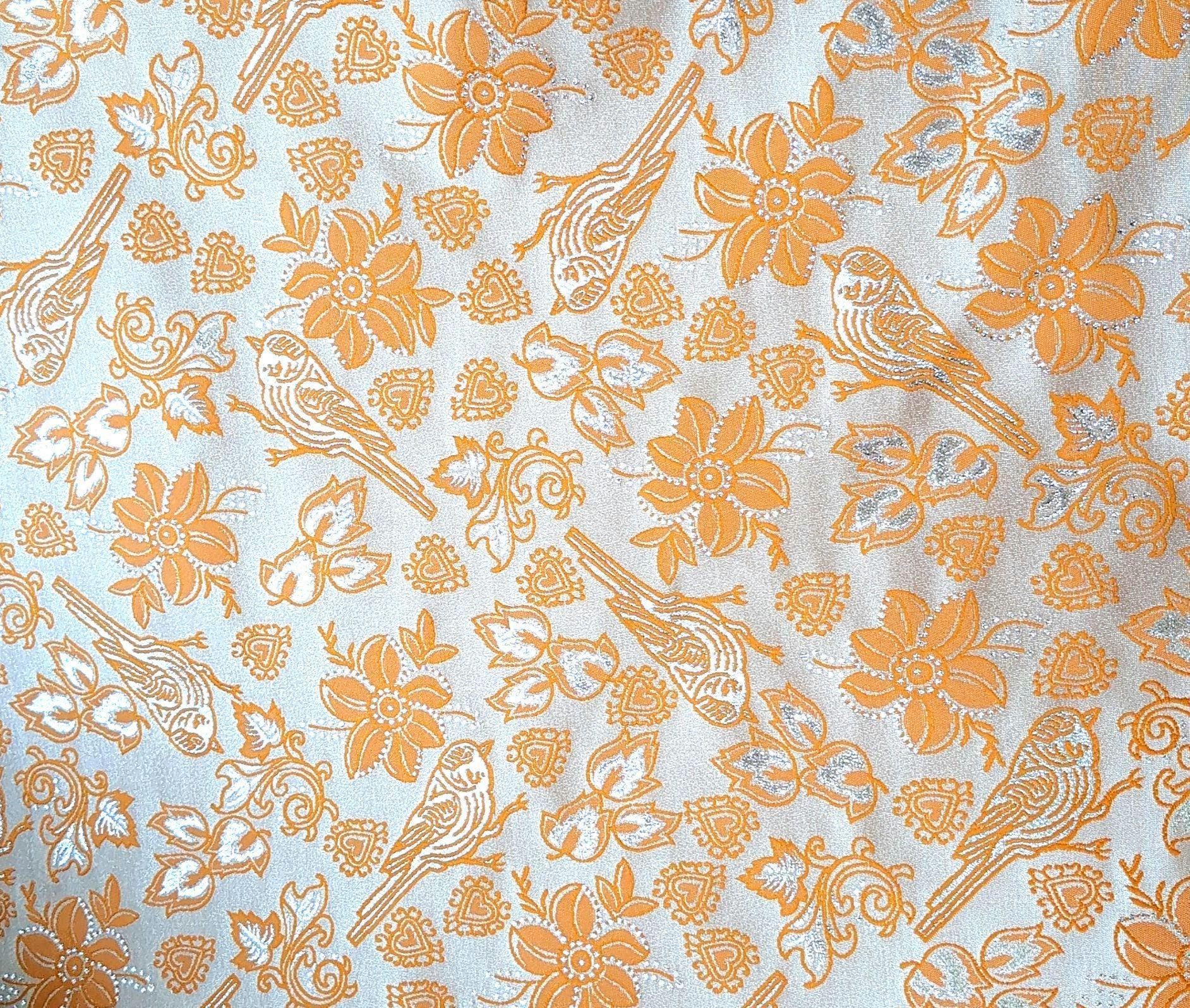 Metallic Brocade Fabric Tangerine Orange Finch Birds and Hearts Floral Pattern 57"w by the Yard DIY Sewing, dress making, home decor