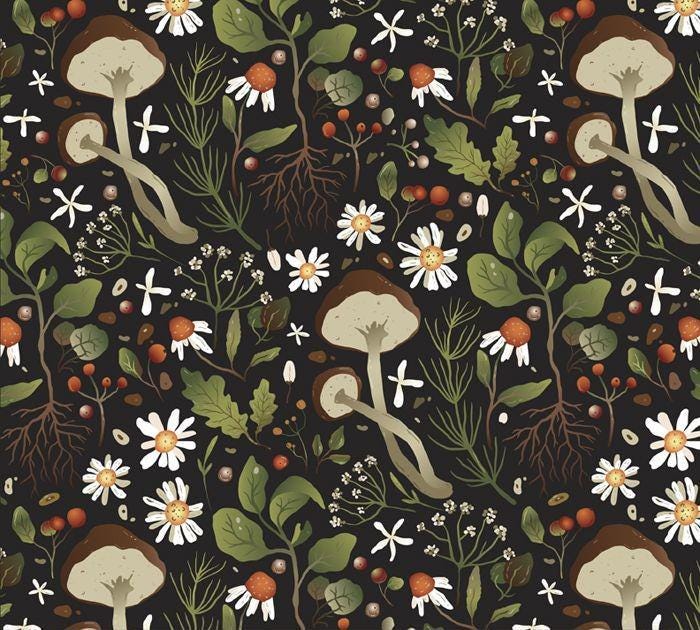 Woodland Mushroom Floral Botanical Print on Black Cotton Fabric By Yard 44" Wide DIY Sewing and Home Decor