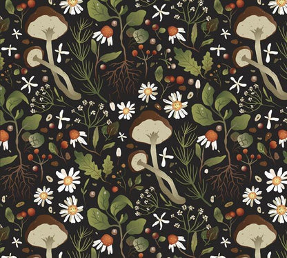 Woodland Mushroom Floral Botanical Print on Black Cotton Fabric By Yard 44" Wide DIY Sewing and Home Decor