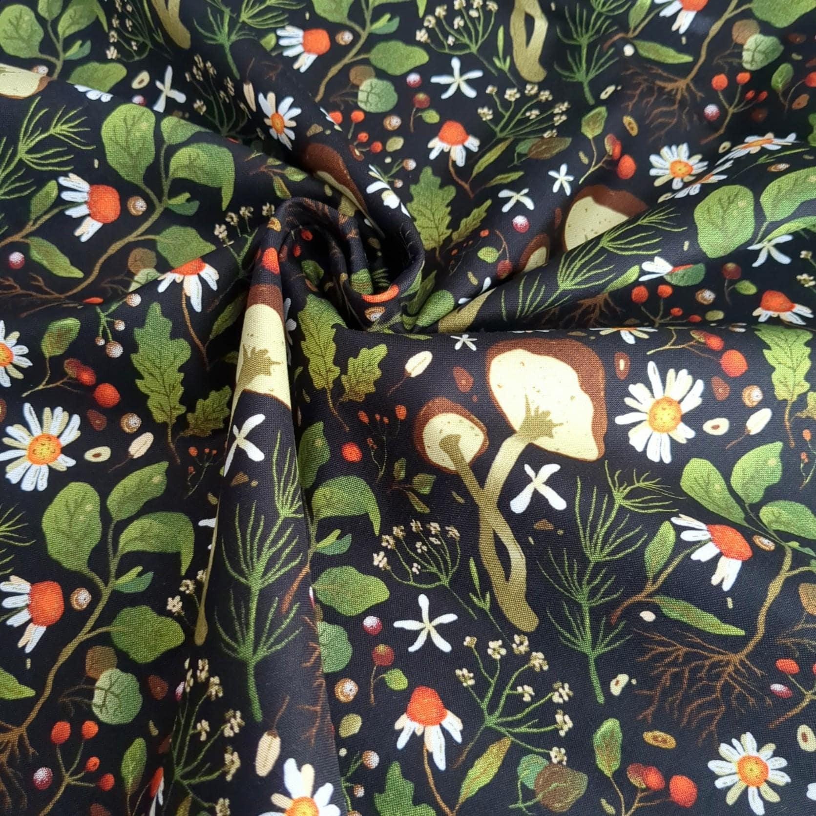 Woodland Mushroom Floral Botanical Print on Black Cotton Fabric By Yard 44" Wide DIY Sewing and Home Decor