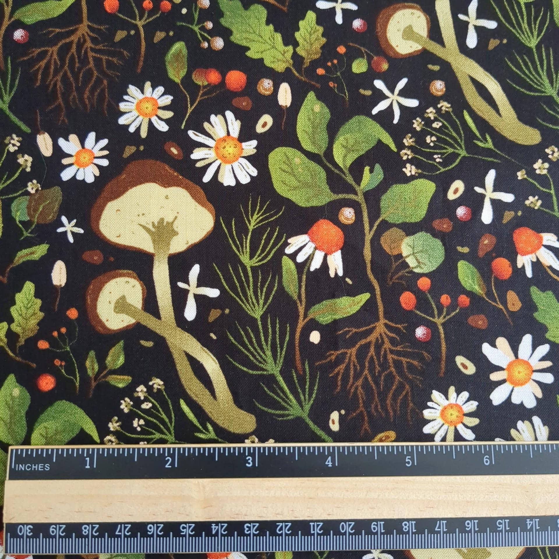 Woodland Mushroom Floral Botanical Print on Black Cotton Fabric By Yard 44" Wide DIY Sewing and Home Decor