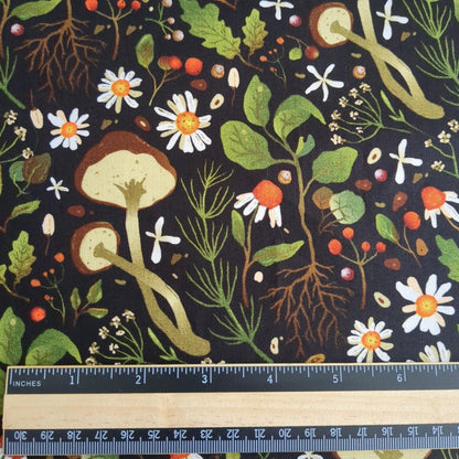 Woodland Mushroom Floral Botanical Print on Black Cotton Fabric By Yard 44" Wide DIY Sewing and Home Decor