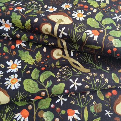 Woodland Mushroom Floral Botanical Print on Black Cotton Fabric By Yard 44" Wide DIY Sewing and Home Decor