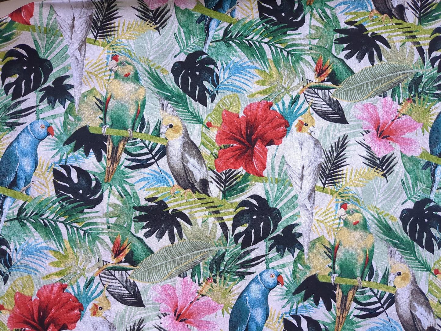 Tropical Island Birds Cotton Fabric Green Palms Red Pink Hibiscus Flower by Grace Popp