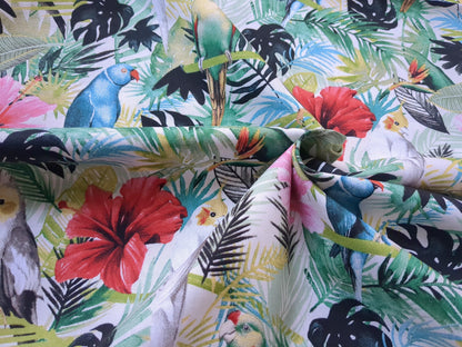 Tropical Island Birds Cotton Fabric Green Palms Red Pink Hibiscus Flower by Grace Popp