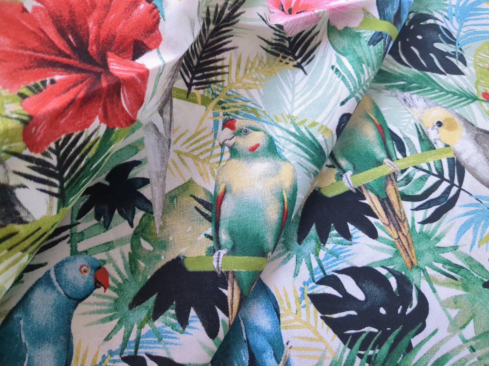 Tropical Island Birds Cotton Fabric Green Palms Red Pink Hibiscus Flower by Grace Popp