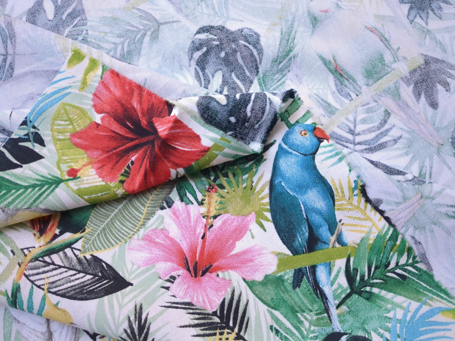 Tropical Island Birds Cotton Fabric Green Palms Red Pink Hibiscus Flower by Grace Popp