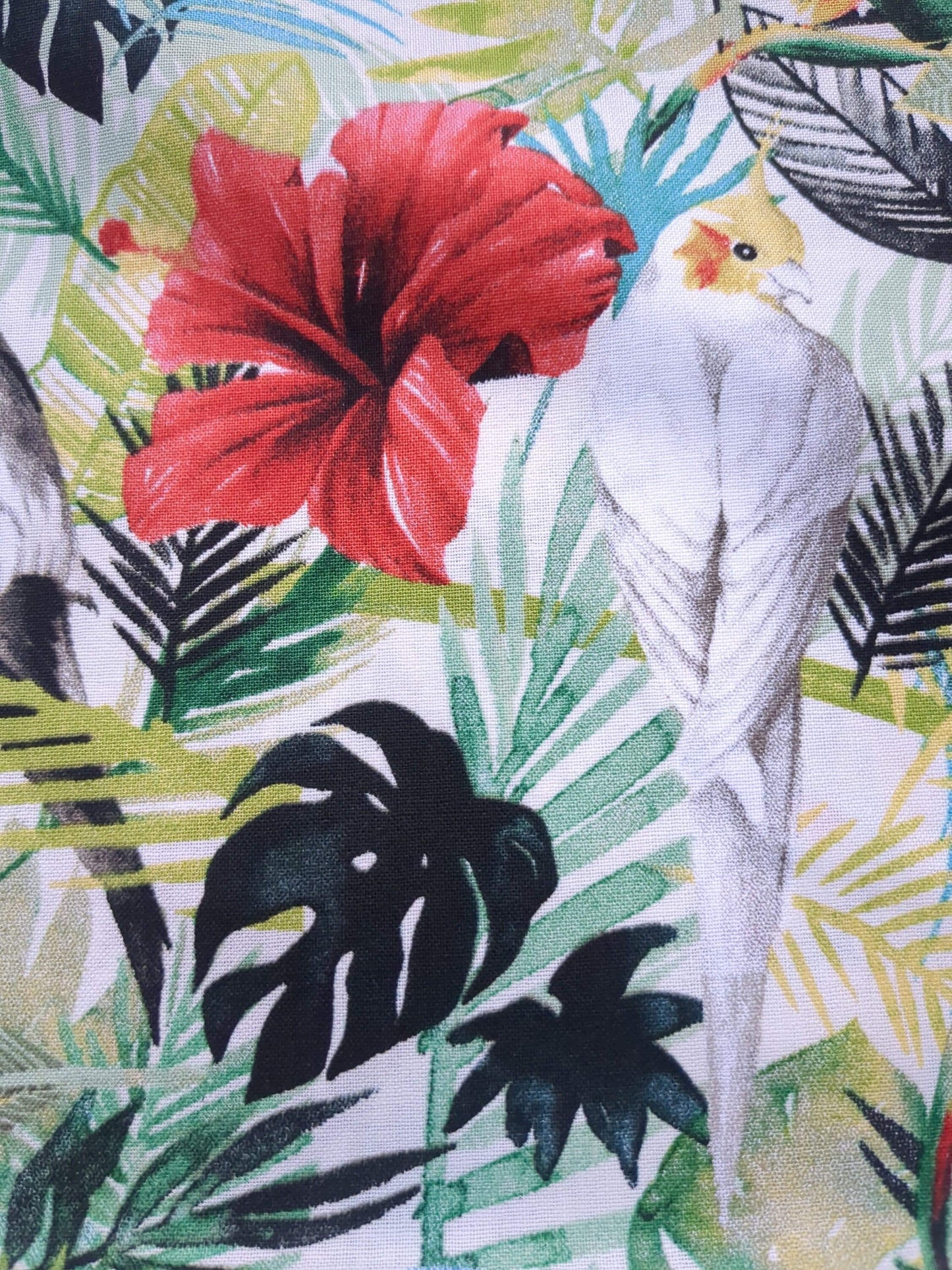 Tropical Island Birds Cotton Fabric Green Palms Red Pink Hibiscus Flower by Grace Popp