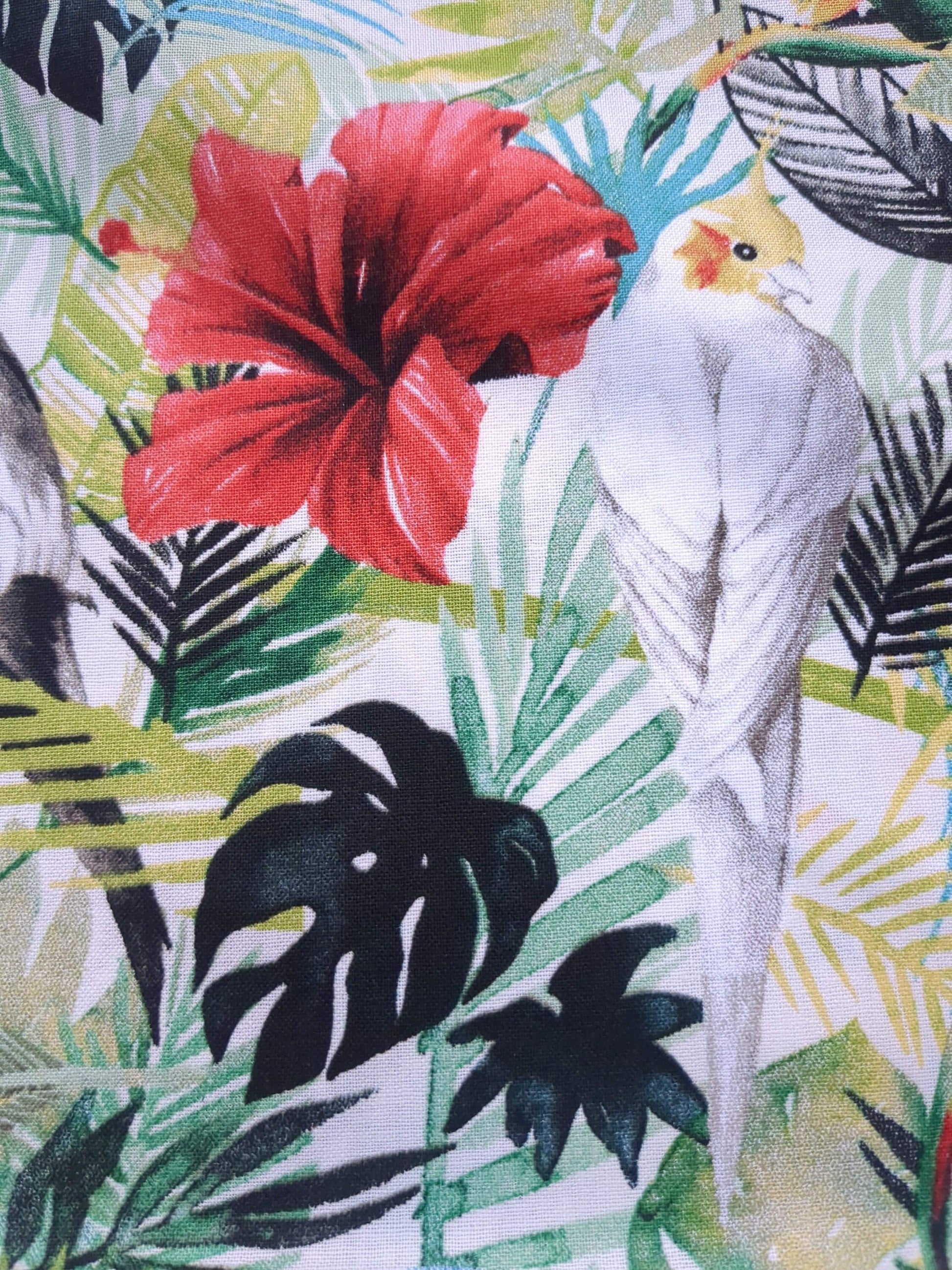 Tropical Island Birds Cotton Fabric Green Palms Red Pink Hibiscus Flower by Grace Popp