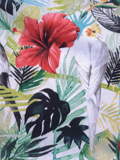 Tropical Island Birds Cotton Fabric Green Palms Red Pink Hibiscus Flower by Grace Popp