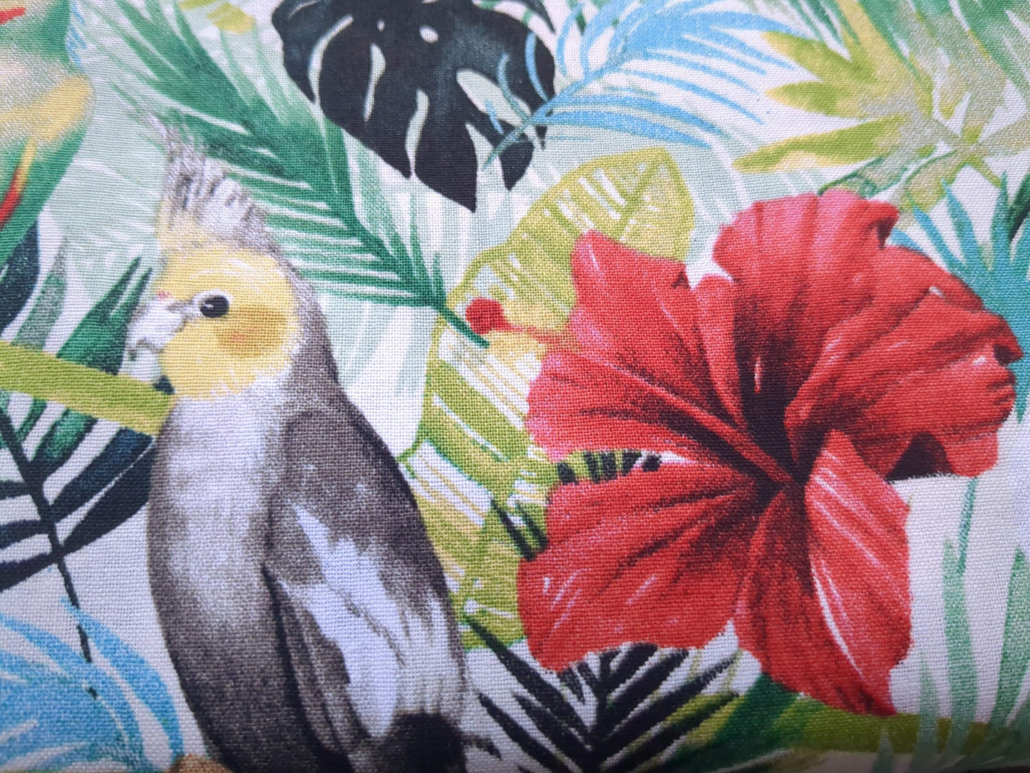 Tropical Island Birds Cotton Fabric Green Palms Red Pink Hibiscus Flower by Grace Popp