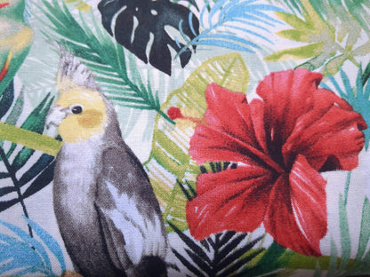 Tropical Island Birds Cotton Fabric Green Palms Red Pink Hibiscus Flower by Grace Popp