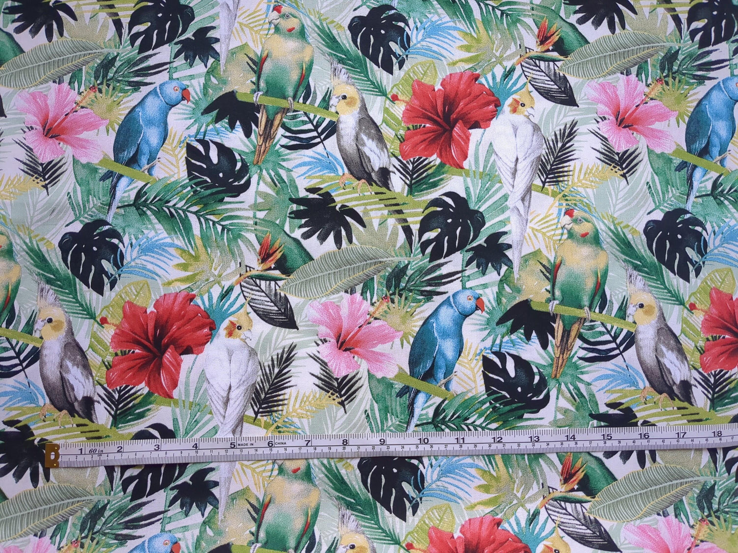 Tropical Island Birds Cotton Fabric Green Palms Red Pink Hibiscus Flower by Grace Popp