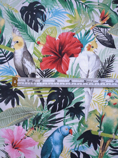 Tropical Island Birds Cotton Fabric Green Palms Red Pink Hibiscus Flower by Grace Popp